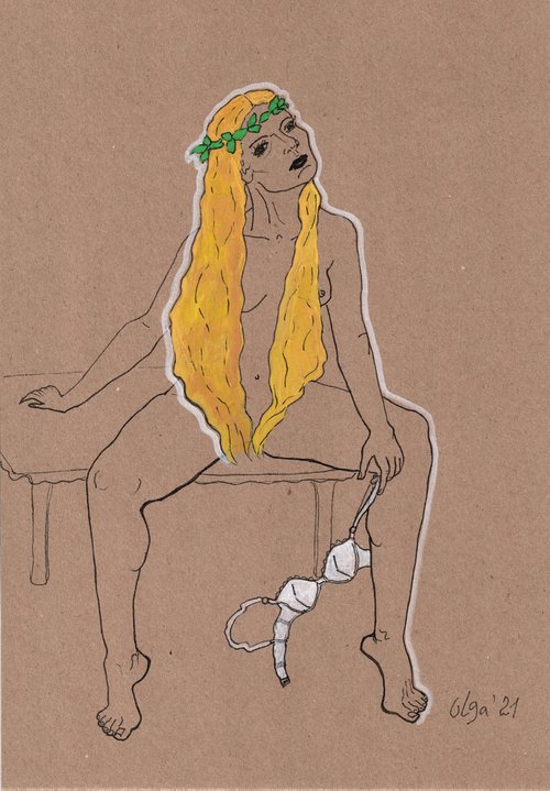Portrait nude woman with yellow hair and bra in hands - Erotic figure study - Sensual gift idea by Olga Ivanova