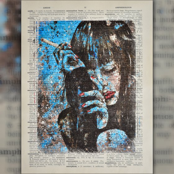 Girl With Cigarette - Collage Art on Large Real English Dictionary Vintage Book Page