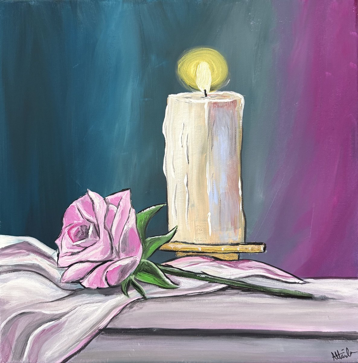 Impressionistic Still Life Acrylic Painting By Aisha Haider, 20 X 20, Candle With Rose, Original Artwork