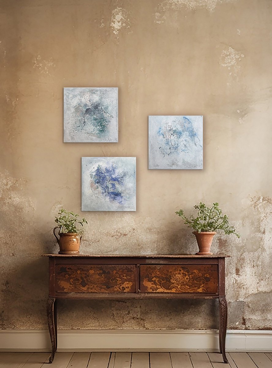 Organic Abstract Acrylic Painting By Doris Duschelbauer, 6 X 18, White Little Stories - Triptych, Original Artwork