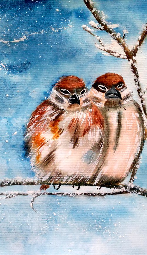 Sparrow Painting Bird Original Art Small Home Watercolor Wall Art Animal Painting 11 by 8" by Halyna Kirichenko by Halyna Kirichenko