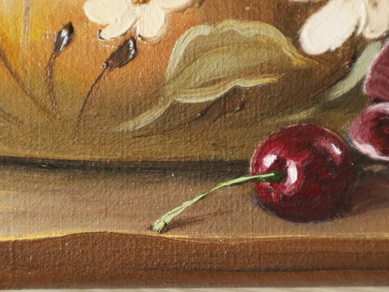 Pansies in Rustic Jug with Cherries