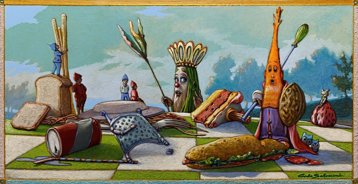 Illustrative Landscape Painting By Carlo Salomoni, 24 X 13, A Bizarre Chess Match, Original Artwork