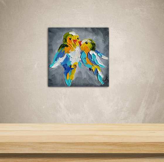 Birds love - love, birds, animals oil painting, art bird, Impressionism, palette knife, gift.