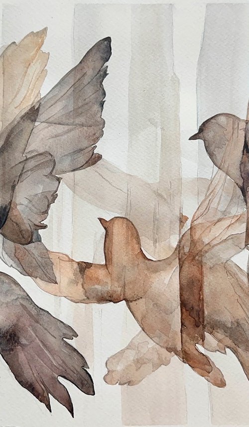 Beige - Black Flying pigeons Silhouette by Julia Shilo