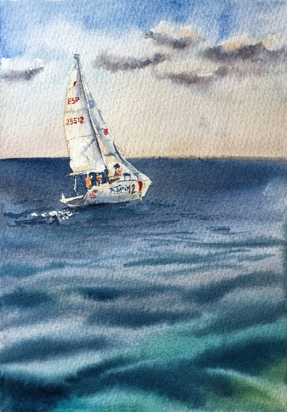 Among the waves - original watercolor seascape yachting - gift for him - gift for her