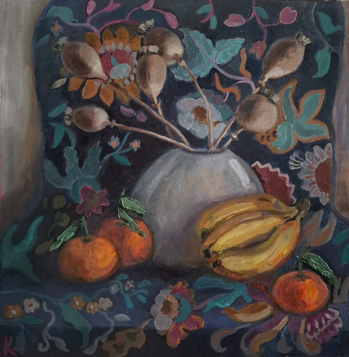 Impressionistic Still Life Oil Painting By Olena Kolotova, 20 X 20", Still-Life With Bananas, Original Artwork