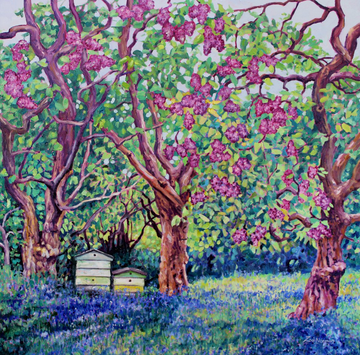 Impressionistic Landscape Oil Painting By Zoe Elizabeth Norman, 24 X 24", Bluebells, Lilac And Beehives, Original Artwork