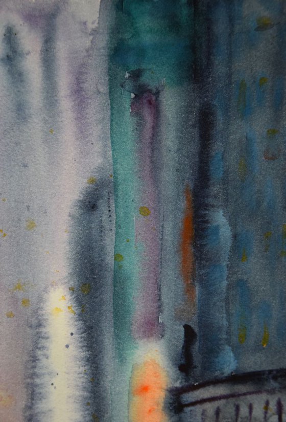 Rainy night New York original watercolor painting, abstract cityscape