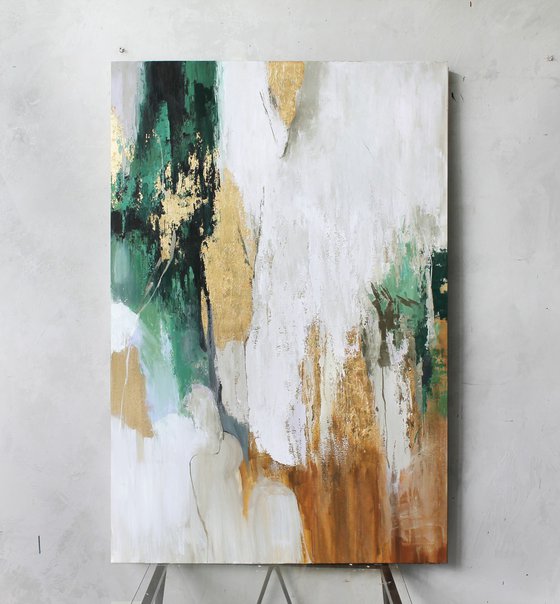 "Green Flow" Green gold abstract art