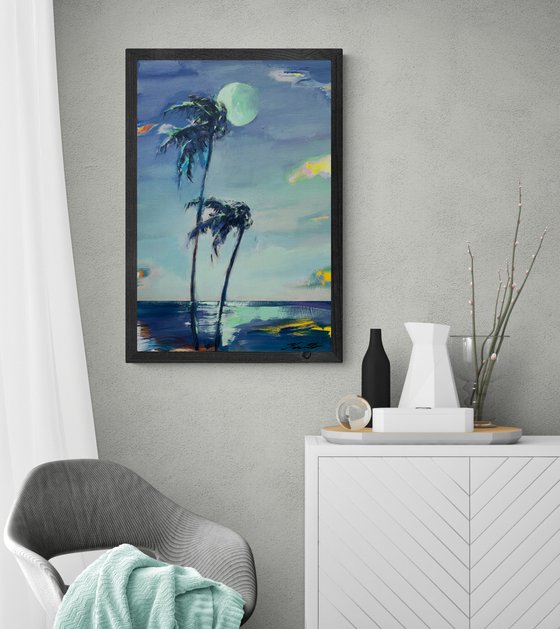 Delicate painting - "Green moon" - Pop Art - palms and sea - night seascape - 2022