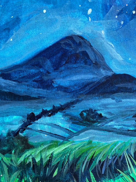 Starry Night Original Gouache Painting, Mountain Artwork, Moon Wall Art, Cottagecore Aesthetics