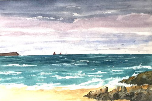 Barge and Yachts off the coast by Brian Tucker