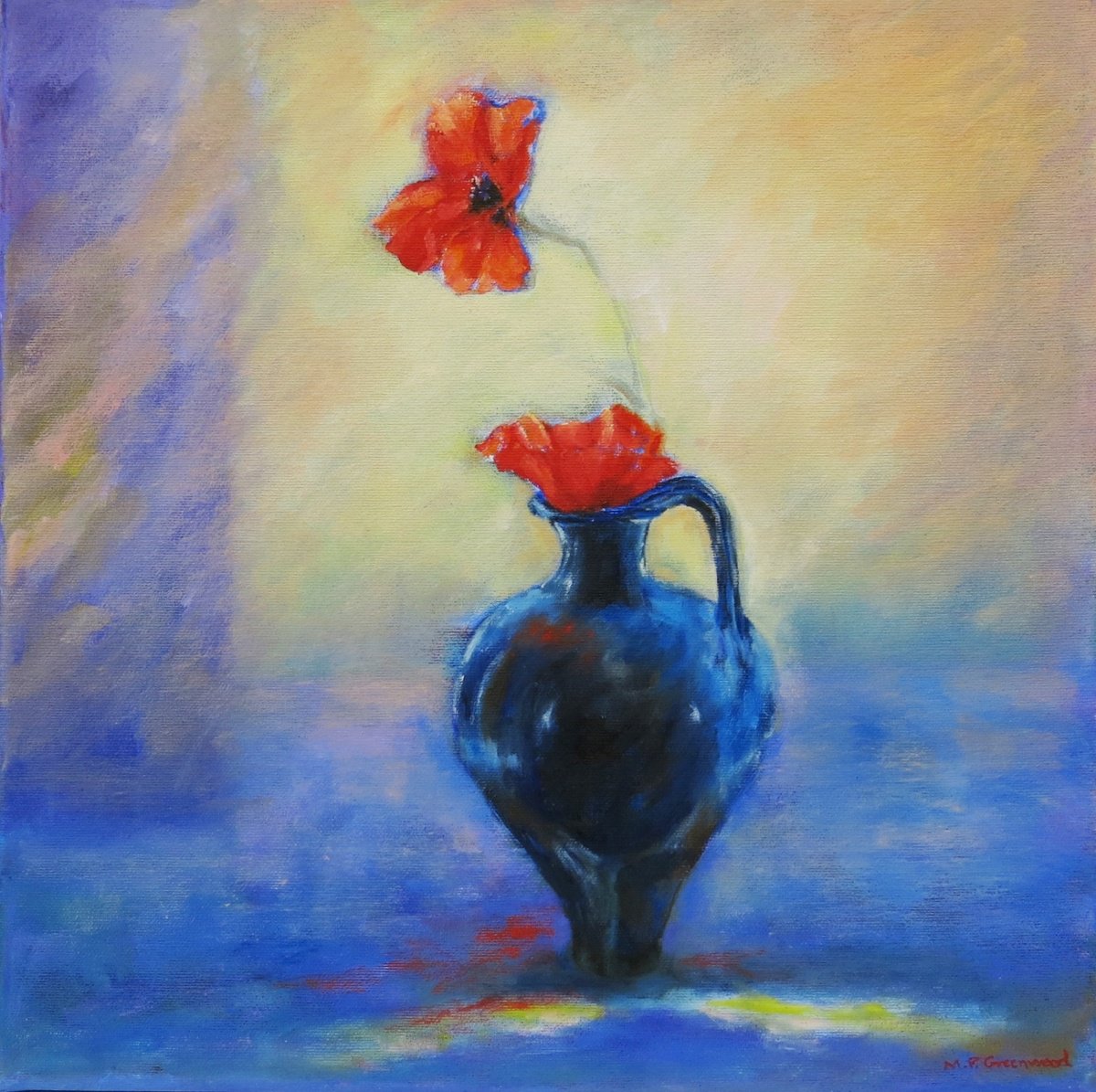 Impressionistic Still Life Oil Painting By Maureen Greenwood, 16 X 16", Blue Jug And Poppies, Original Artwork