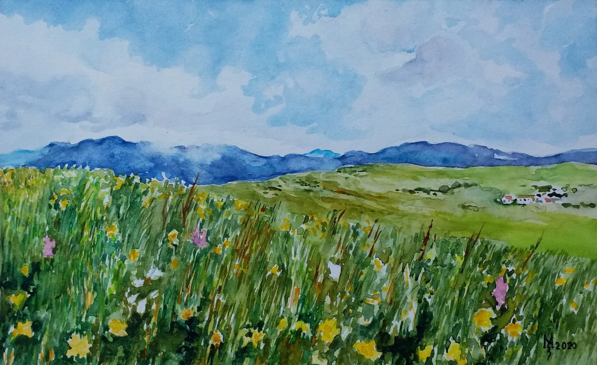 Impressionistic Landscape Watercolour By Zoran Mihajlovic Muza, 12 X 7", Mountain Motif, Original Artwork