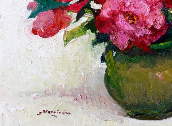 Peonies in Olive Green Vase