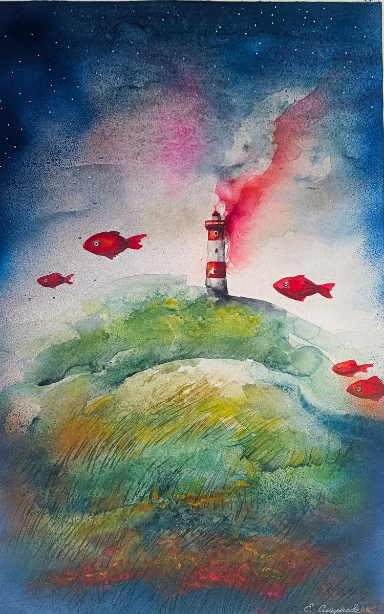 Surrealistic Landscape Watercolour By Evgenia Smirnova, 15 X 22, When Fishes Fly, Original Artwork