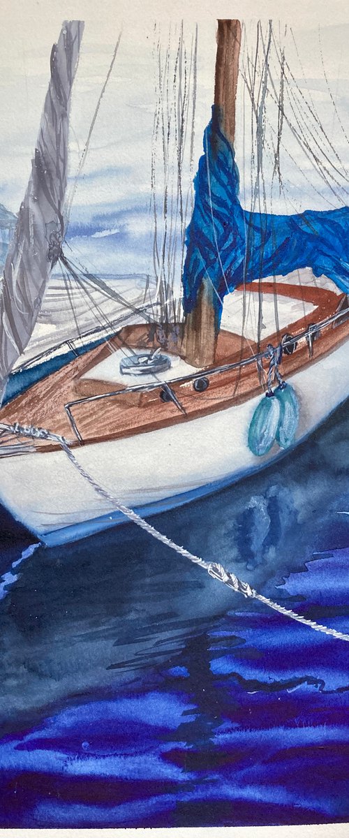 Boat in blue water 3 by Valeria Golovenkina