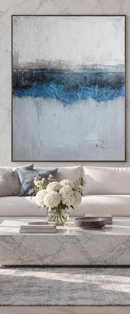 Abstract Blue Horizon in Textured Mist by Indie Ru