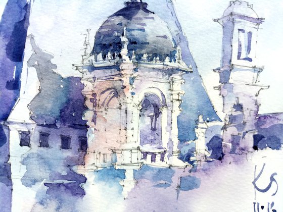 "Chateau d’Usse, France" architectural landscape - Original watercolor painting