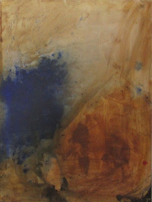 abstract blue and rust - informel painting 31,5x23,6 by Sonja Zeltner-Müller