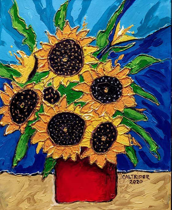 Red Vase with Sunflowers