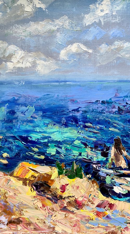 Secret Bathing - Crimea life, 47*37cm, impressionistic oil sea landscape painting by Olga Blazhko