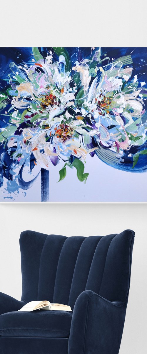 'FRESH MORNING' / white flowers on navy / 100x100 by Anna Cher