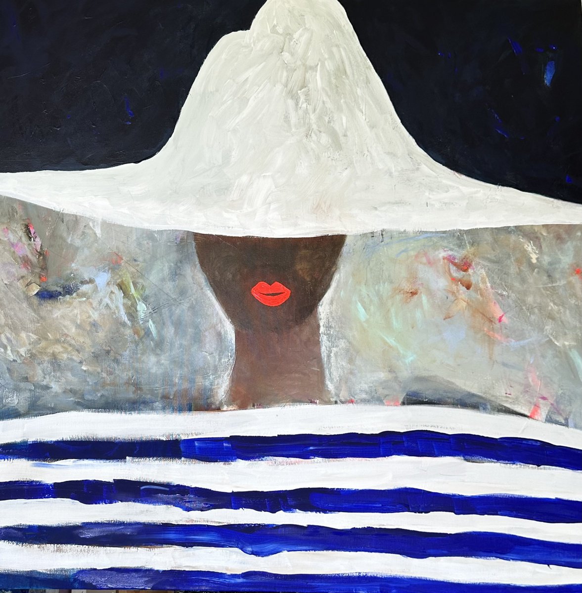 Naive Portrait Acrylic Painting By Adina Potop, 47 X 47, All You Need Is A Hat, Original Artwork