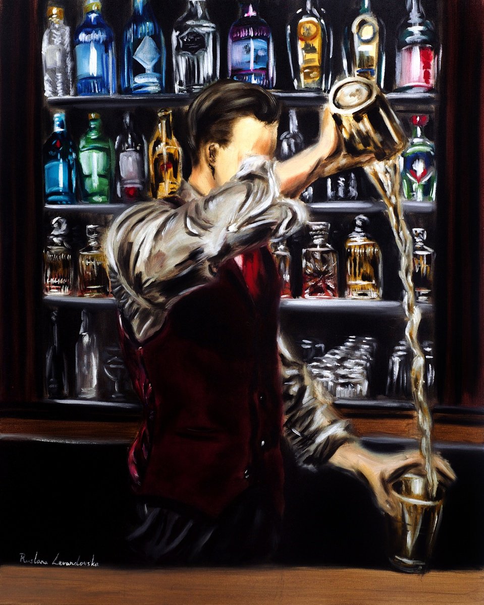 Impressionistic Portrait Oil Painting By Ruslana Levandovska, 24 X 30", The Mixologist, Original Artwork