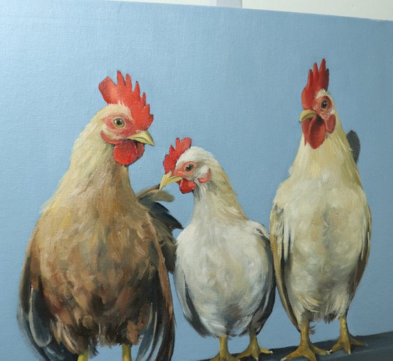 Chickens in a Row, Chicken Painting, Animal Artwork, Nature Wall Decor Framed and Ready to Hang Oil Painting by Alex Jabore Active