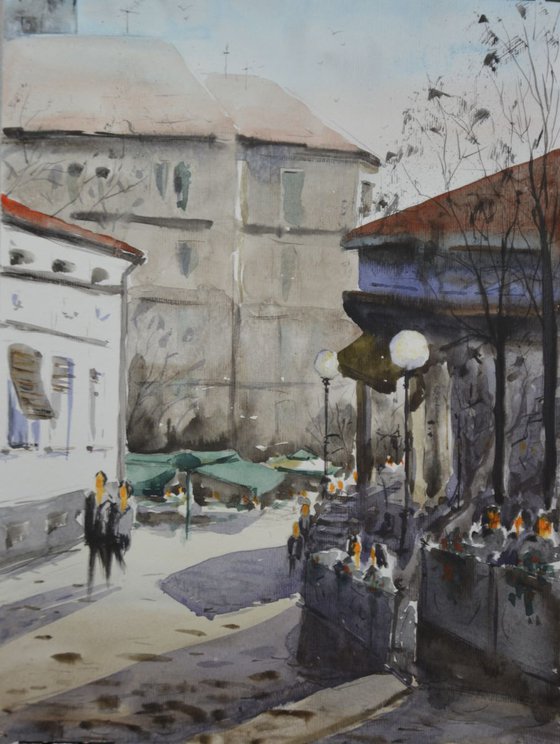 Autumn sun, Skadarlija, Beograd - original watercolor painting by Nenad Kojić