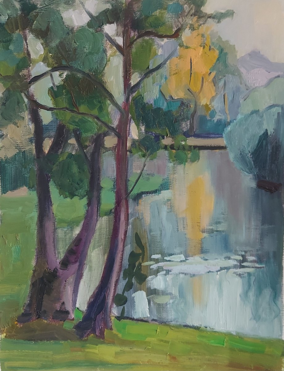 Impressionistic Landscape Oil Painting By Olena Kolotova, 12 X 16", Landscape "Autumn Park", Original Artwork