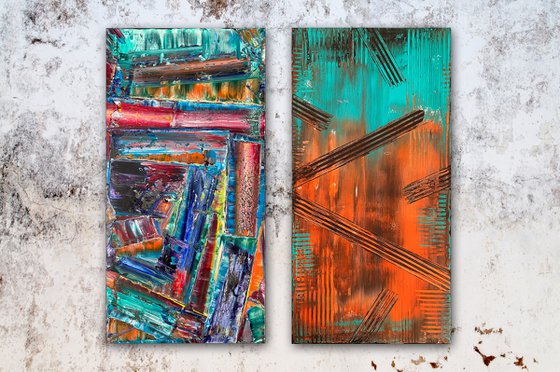 "We Go Together Like Oil and Acrylic" - Save As A Series - Original PMS Abstract Diptych Oil and Acrylic Paintings On Canvas - 36" x 36"