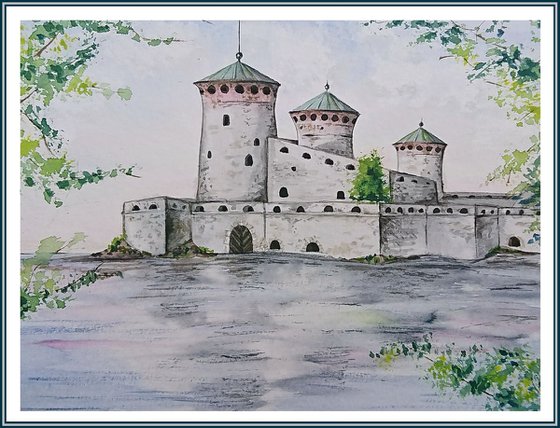 The Olavinlinna Castle #1. Original cityscape watercolor painting by Svetlana Vorobyeva.