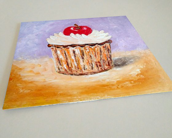 Cherry Cupcake Painting Original Art Dessert Artwork Small Food Wall Art 8 by 8