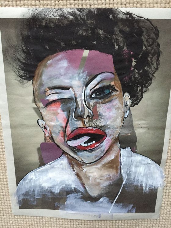 Tongue In Cheek Acrylic on Newspaper Face Art Woman Portrait Red Lips 37x29cm Gift Ideas Original Art Modern Art Contemporary Painting Abstract Art For Sale Buy Original Art Free Shipping