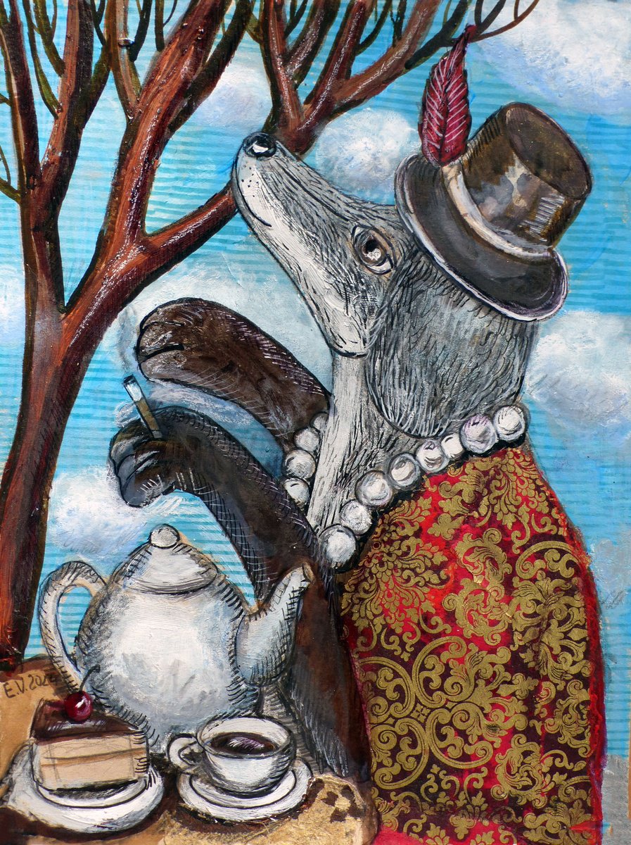 Surrealistic Painting , Breakfast Outdoors By Elizabeth Vlasova, 9 X 12, Artwork For Sale On Artfinder