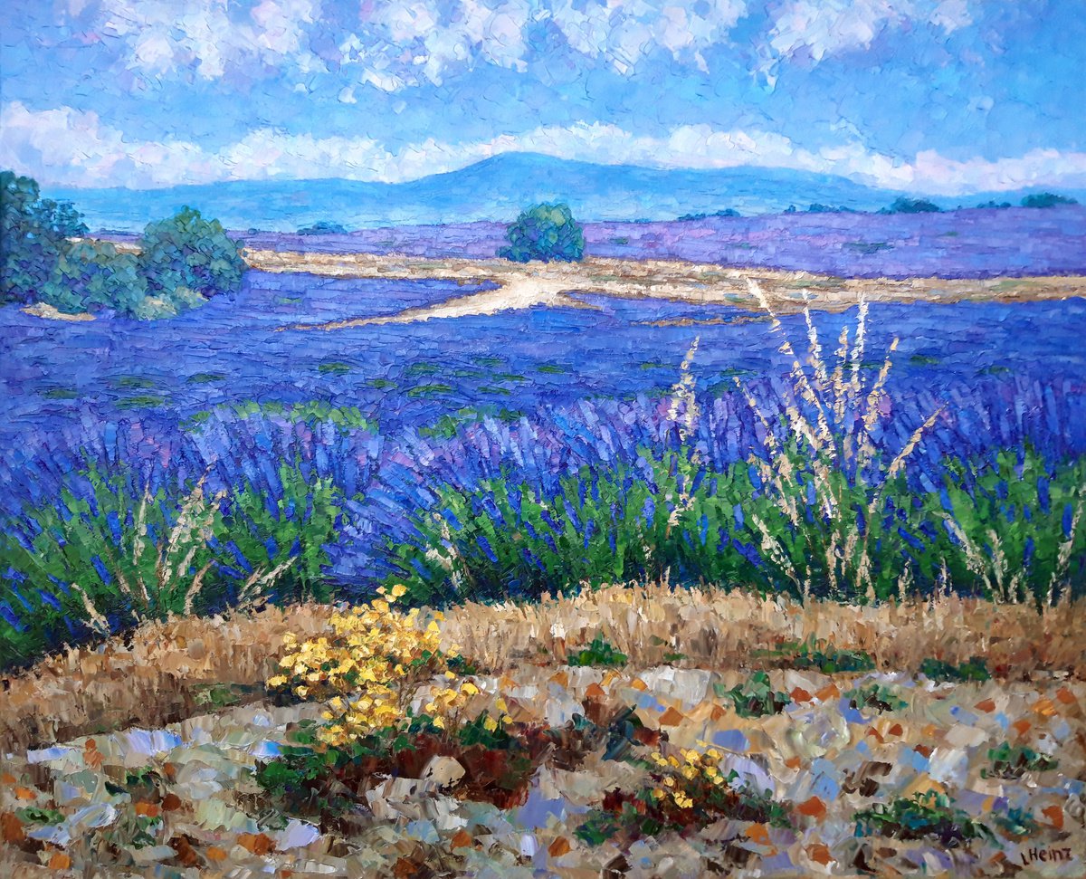 Impressionistic Landscape Oil Painting By Irena Heinz, 29 X 24, Lavender Fields, Original Artwork