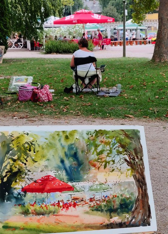 Red umbrella (2019) | Original Hand-painted Art Small Artist | Mediterranean Europe Impressionistic
