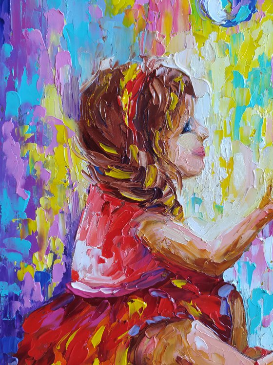Happiness is in the little things - childhood, child, oil painting, girl, bubble, little girl, happy childhood, children