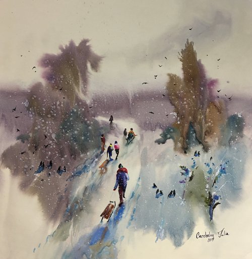 Watercolor “Winter childhood games” perfect gift by Iulia Carchelan