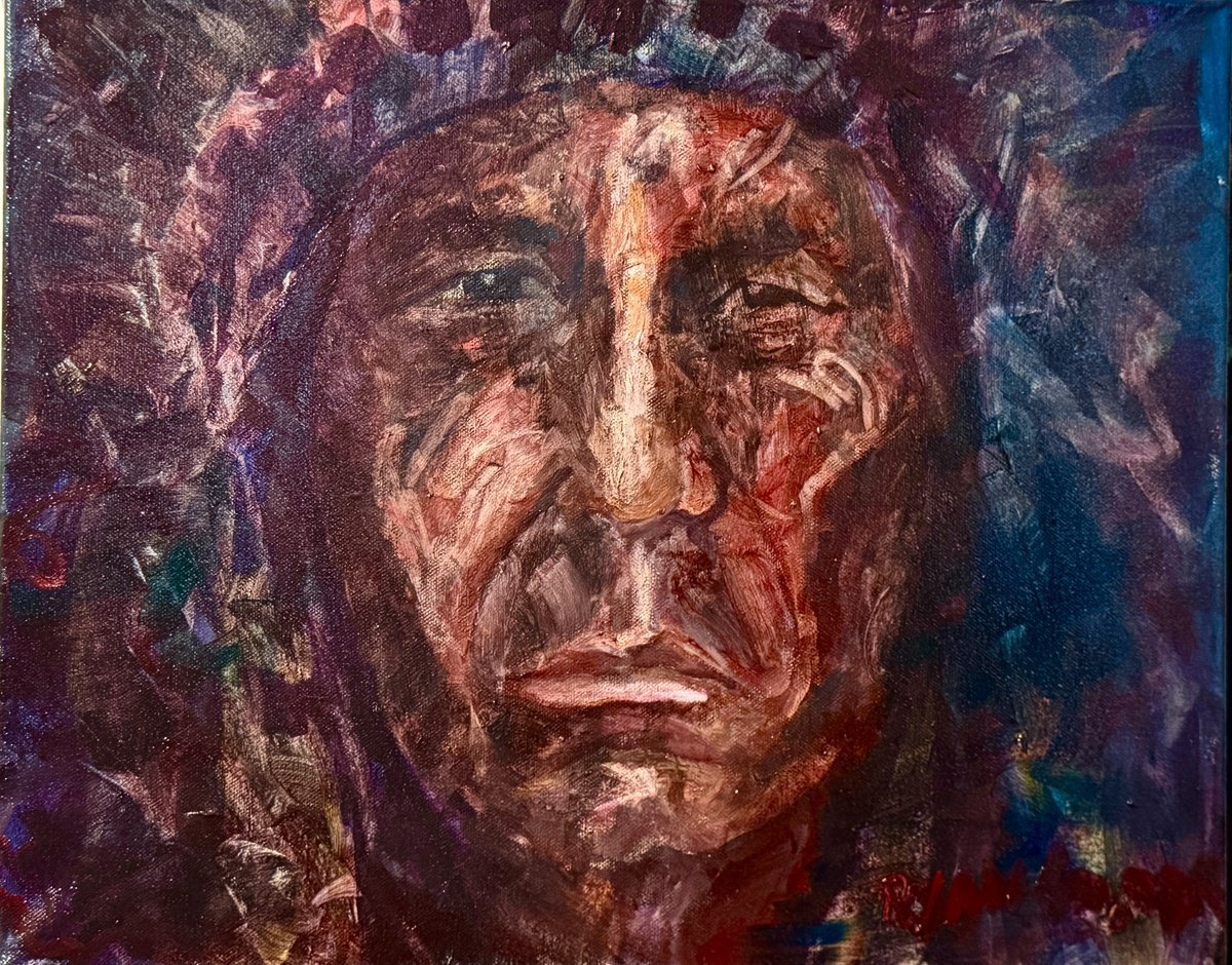 Expressive Portrait Oil Painting By Ryan Louder, 16 X 12", Chief Of The Tribe, Original Artwork