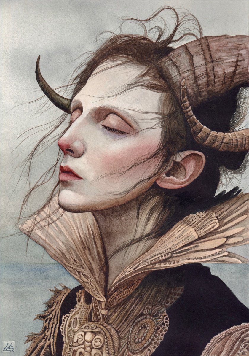 Surrealistic Portrait Watercolour By Lisa Lennon, 9 X 13", The Fae, Original Artwork