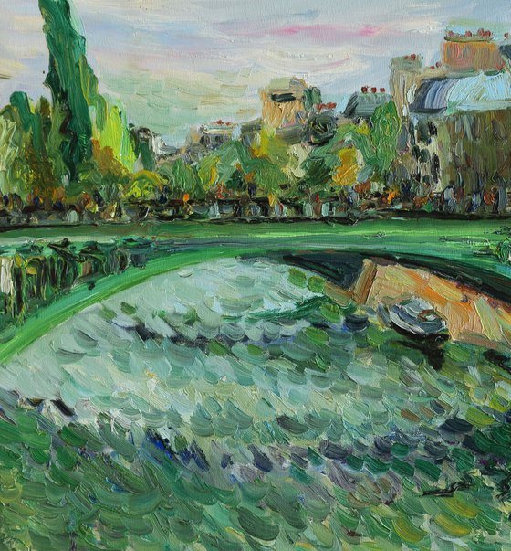 PARIS, GREEN BRIDGE OVER THE SEINE - landscape art, original oil painting, cityscape of Paris, plein air