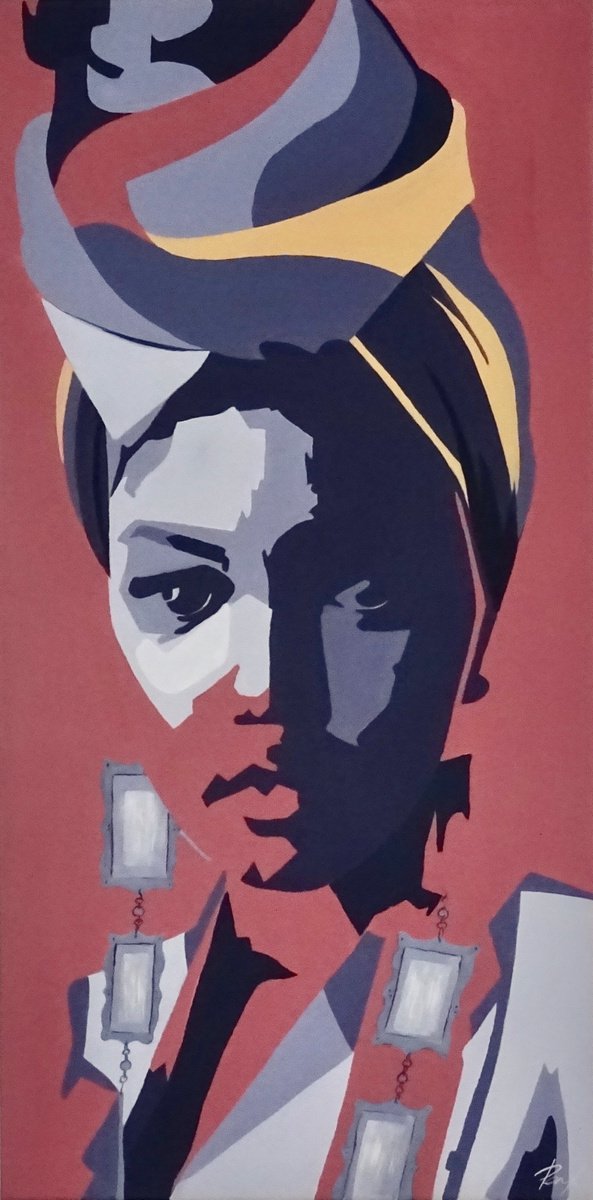 Abstract Portrait Acrylic Painting By Penny Burton, 20 X 40", Headwrap, Original Artwork