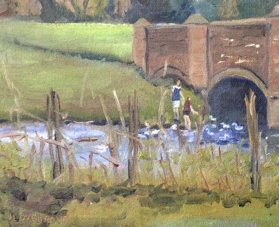 Feeding the ducks in springtime An oil painting