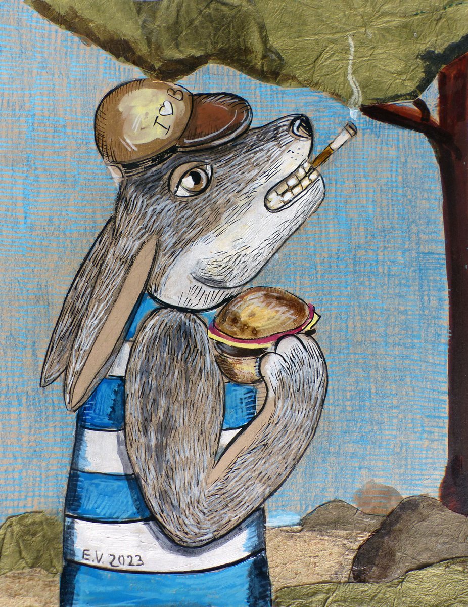 Surrealistic Painting , Burger Lover By Elizabeth Vlasova, 11 X 14, Artwork For Sale On Artfinder