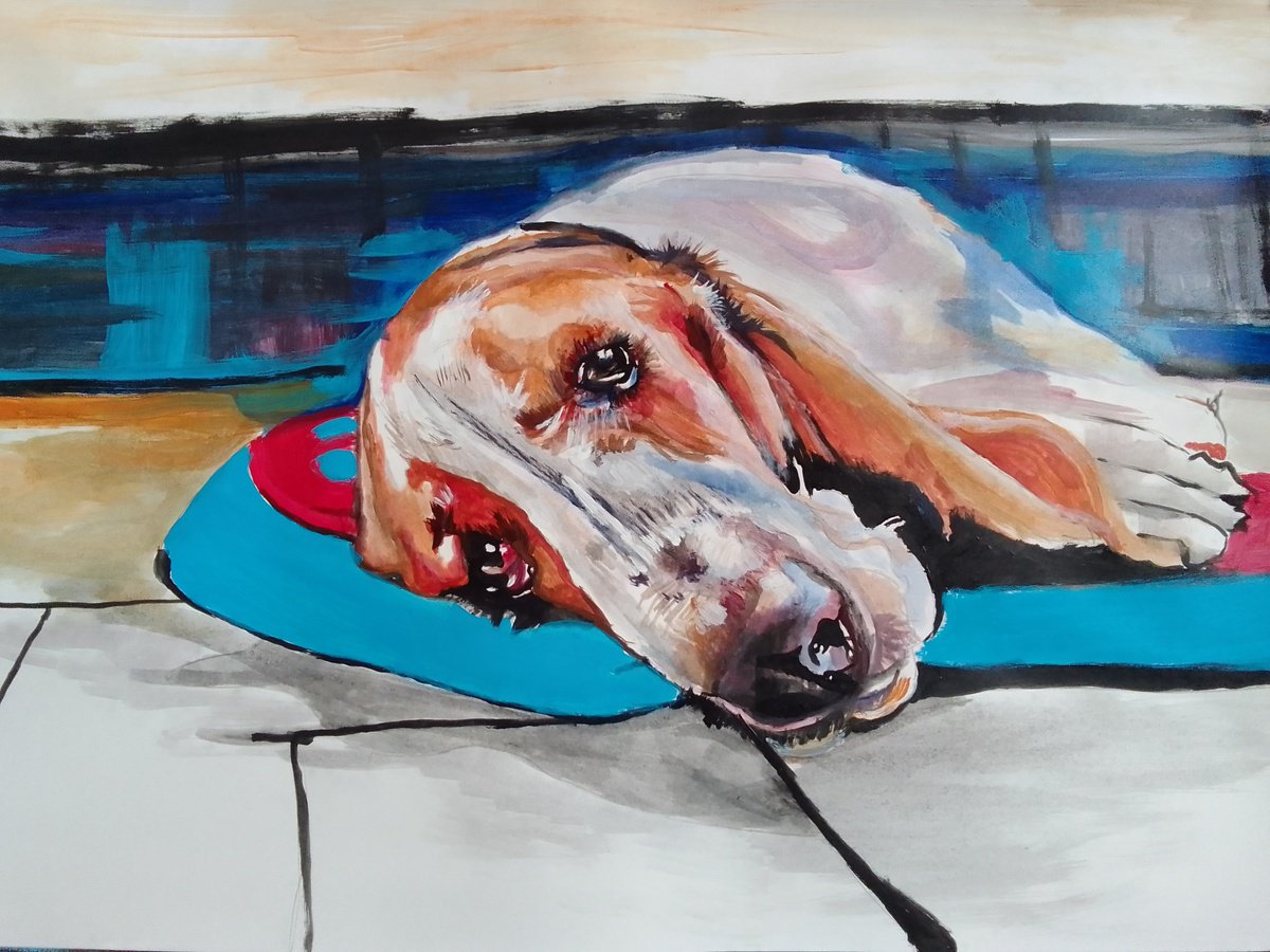 Photorealistic Animal Acrylic Painting By Soso Kumsiashvili, 33 X 24", Bassethound, Original Artwork