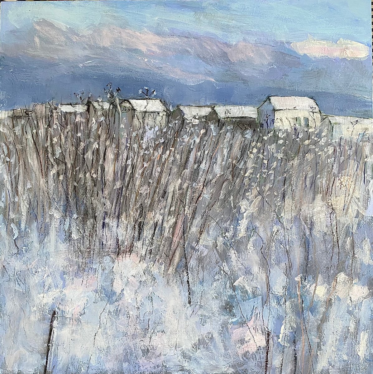 Impressionistic Landscape Painting By Nikki Wheeler, 20 X 20", Snowy Beach Huts, Original Artwork